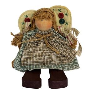 Vintage Primitive Style Folk Art Angel Doll Rustic Country Decor Button Wings